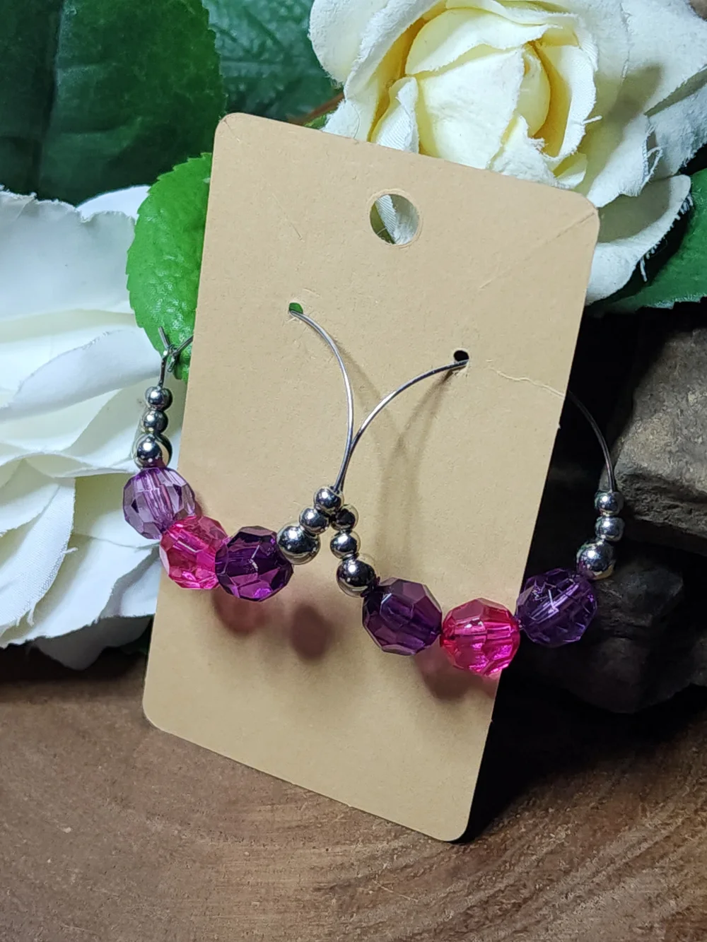 Handcrafted Pink & Purple Beaded Hoop Earrings